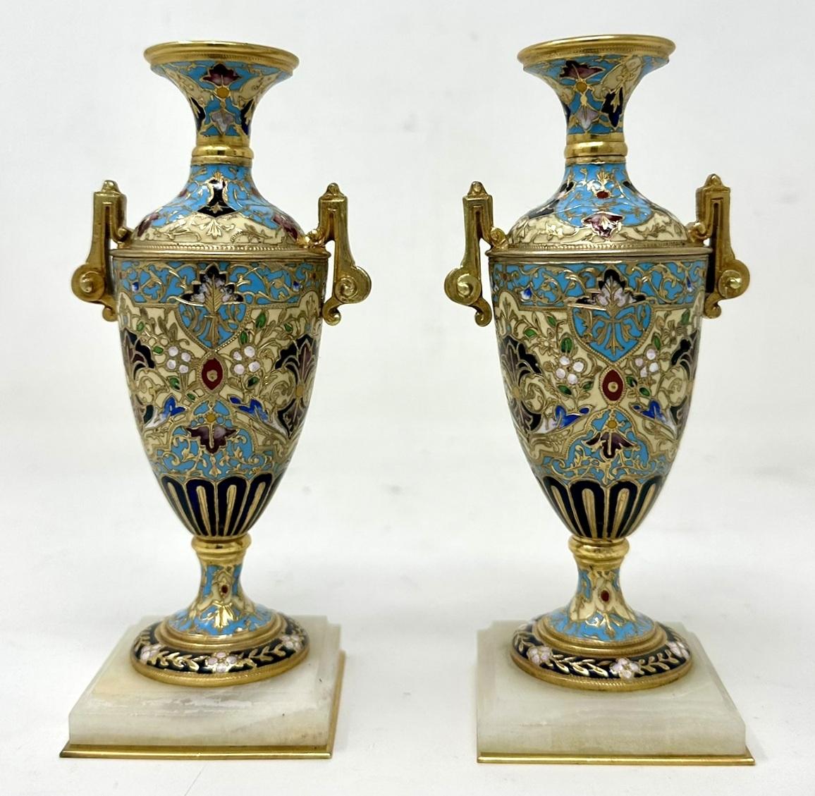 Antique Pair French Cloisonne Champlevé Alabaster Ormolu Gilt Bronze Vase Urns  3
