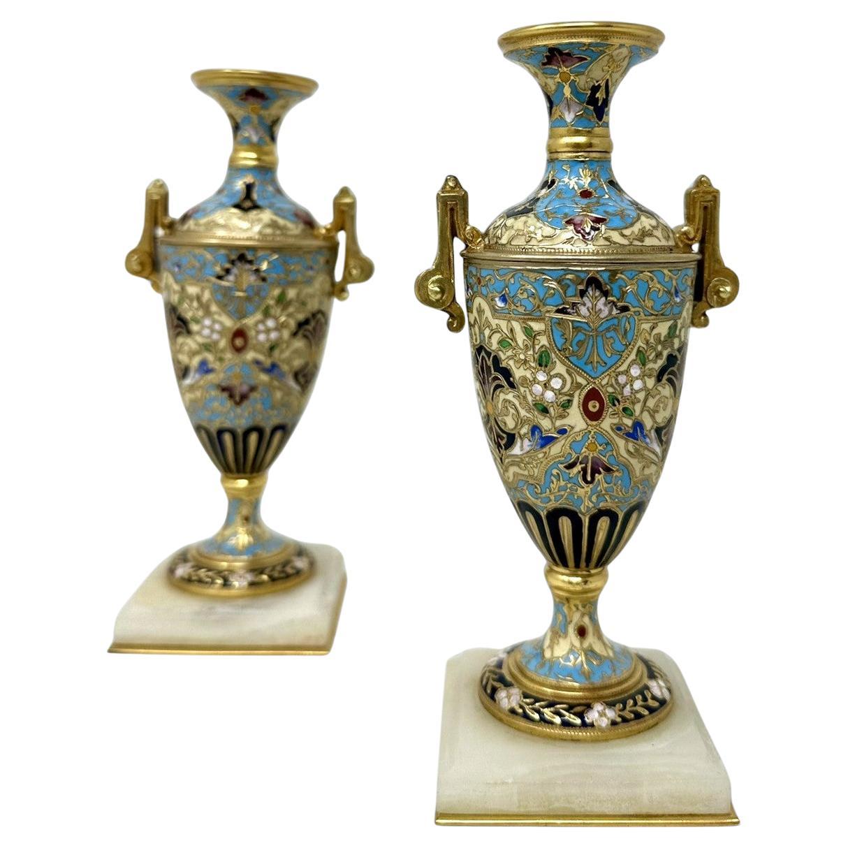 Antique Pair French Cloisonne Champlevé Alabaster Ormolu Gilt Bronze Vase Urns  For Sale