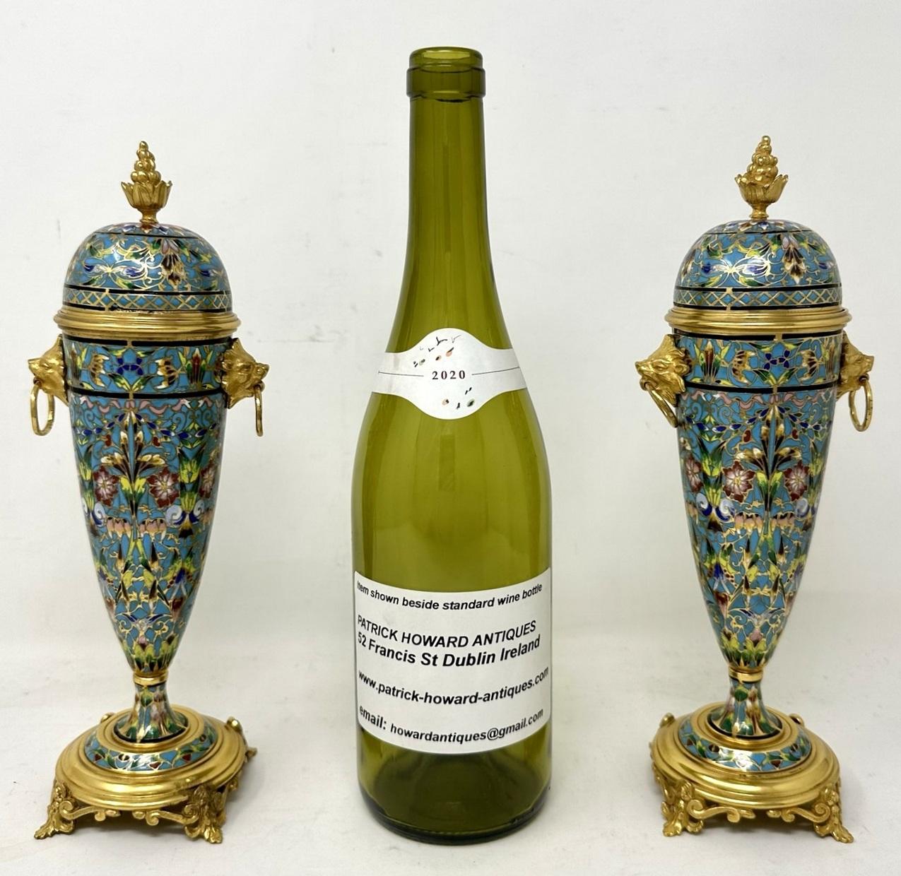 Antique Pair French Cloisonne Champlevé Enamelwork Ormolu Gilt Bronze Vase Urns  5