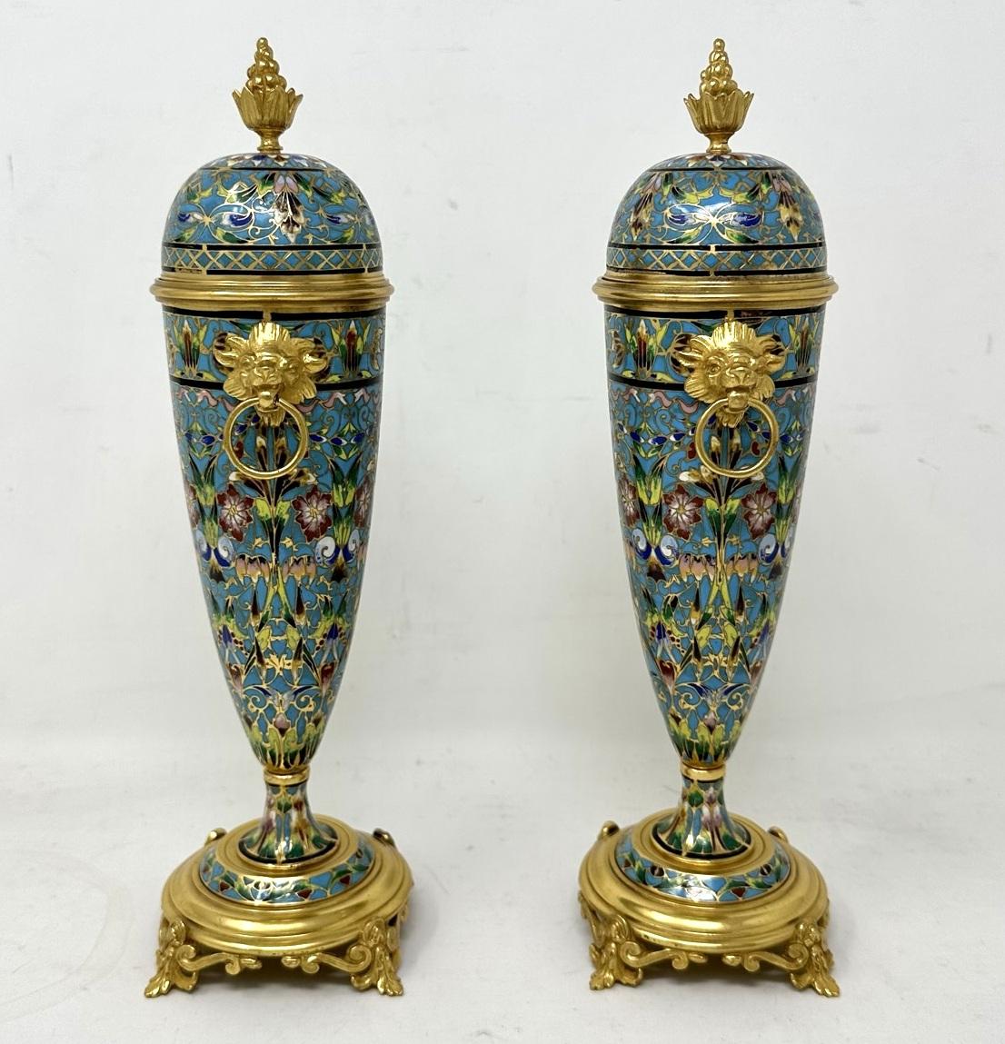 Victorian Antique Pair French Cloisonne Champlevé Enamelwork Ormolu Gilt Bronze Vase Urns 
