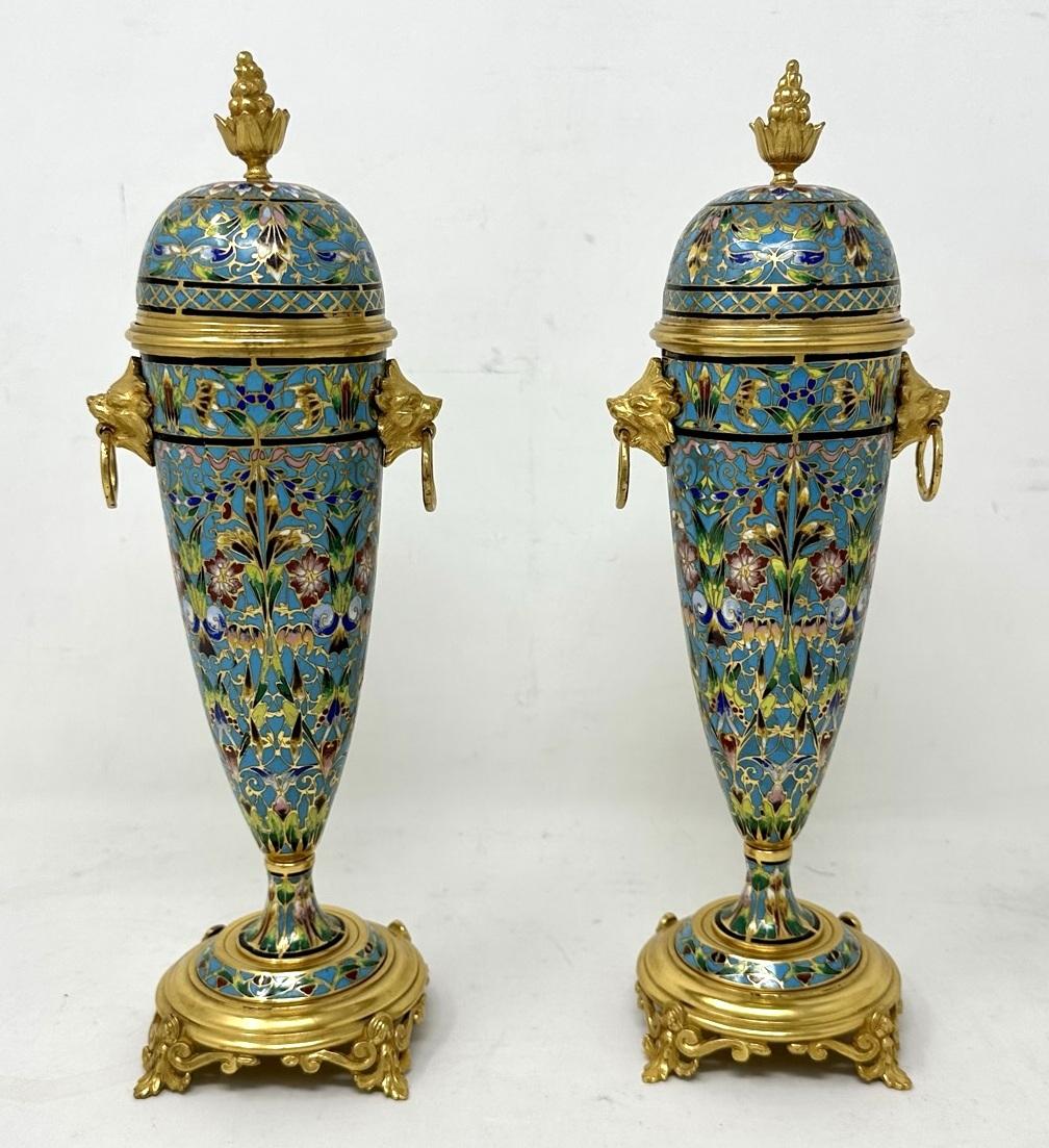 Cast Antique Pair French Cloisonne Champlevé Enamelwork Ormolu Gilt Bronze Vase Urns 