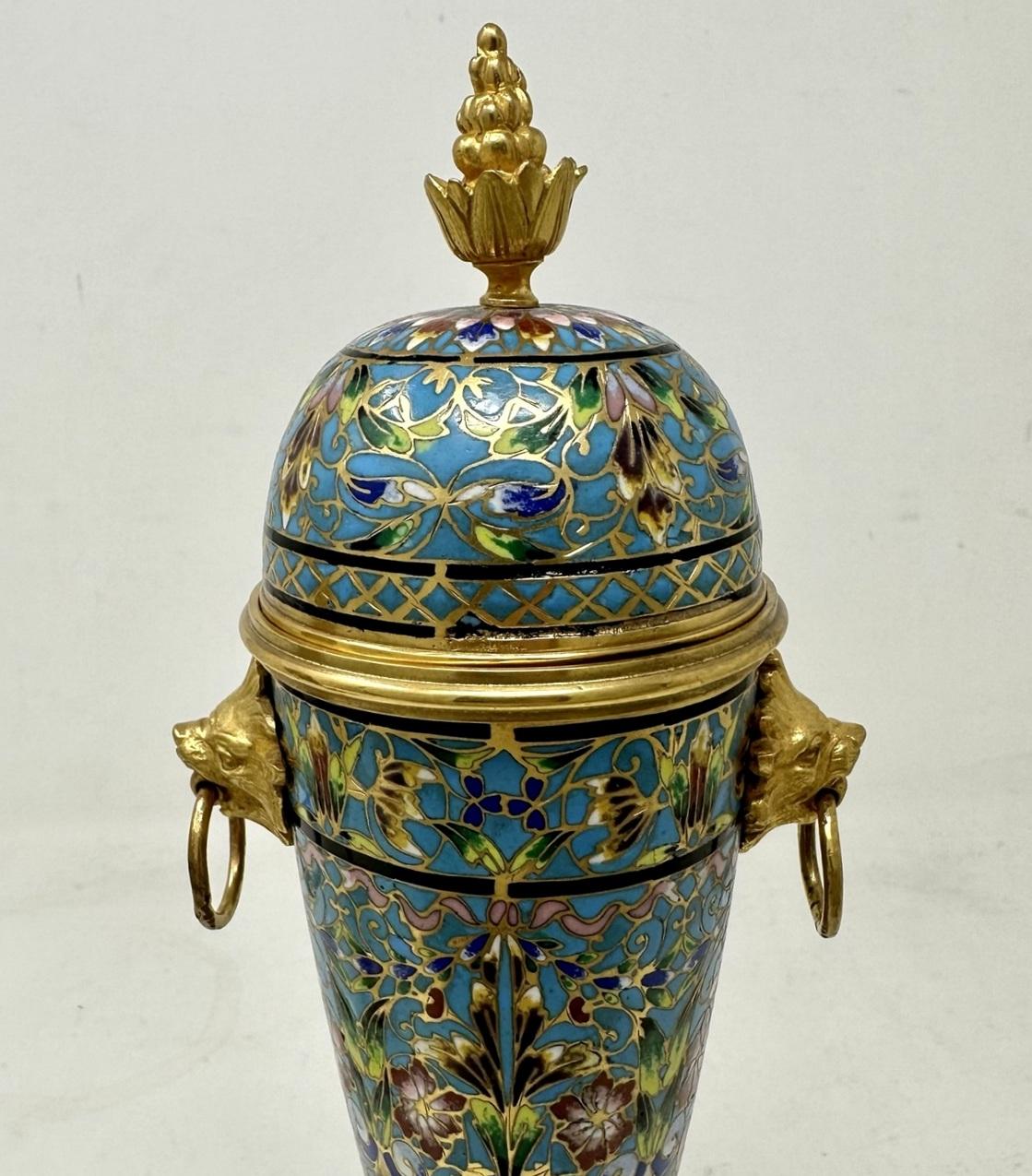 Antique Pair French Cloisonne Champlevé Enamelwork Ormolu Gilt Bronze Vase Urns  In Good Condition In Dublin, Ireland