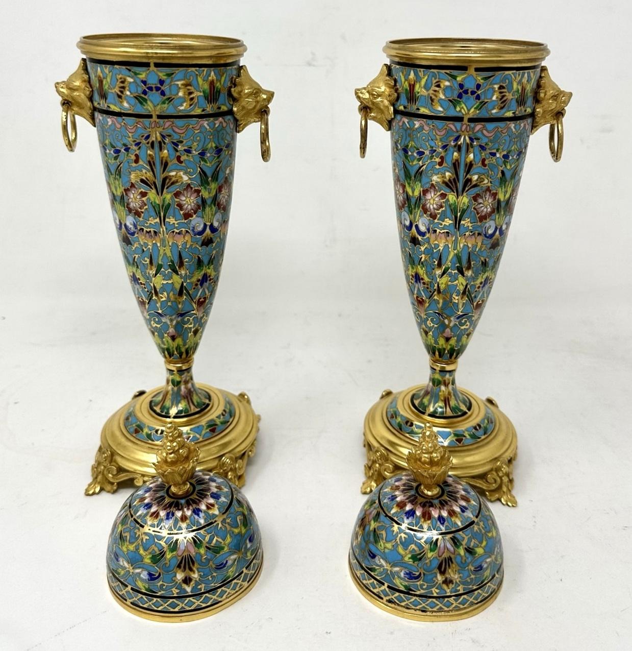19th Century Antique Pair French Cloisonne Champlevé Enamelwork Ormolu Gilt Bronze Vase Urns 