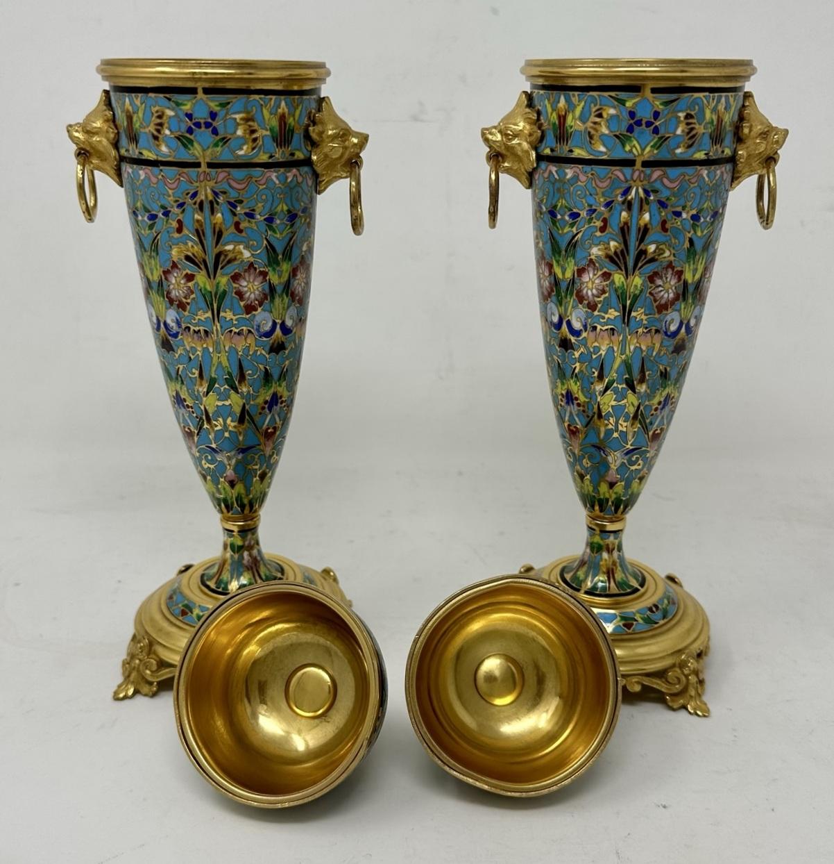 Antique Pair French Cloisonne Champlevé Enamelwork Ormolu Gilt Bronze Vase Urns  1
