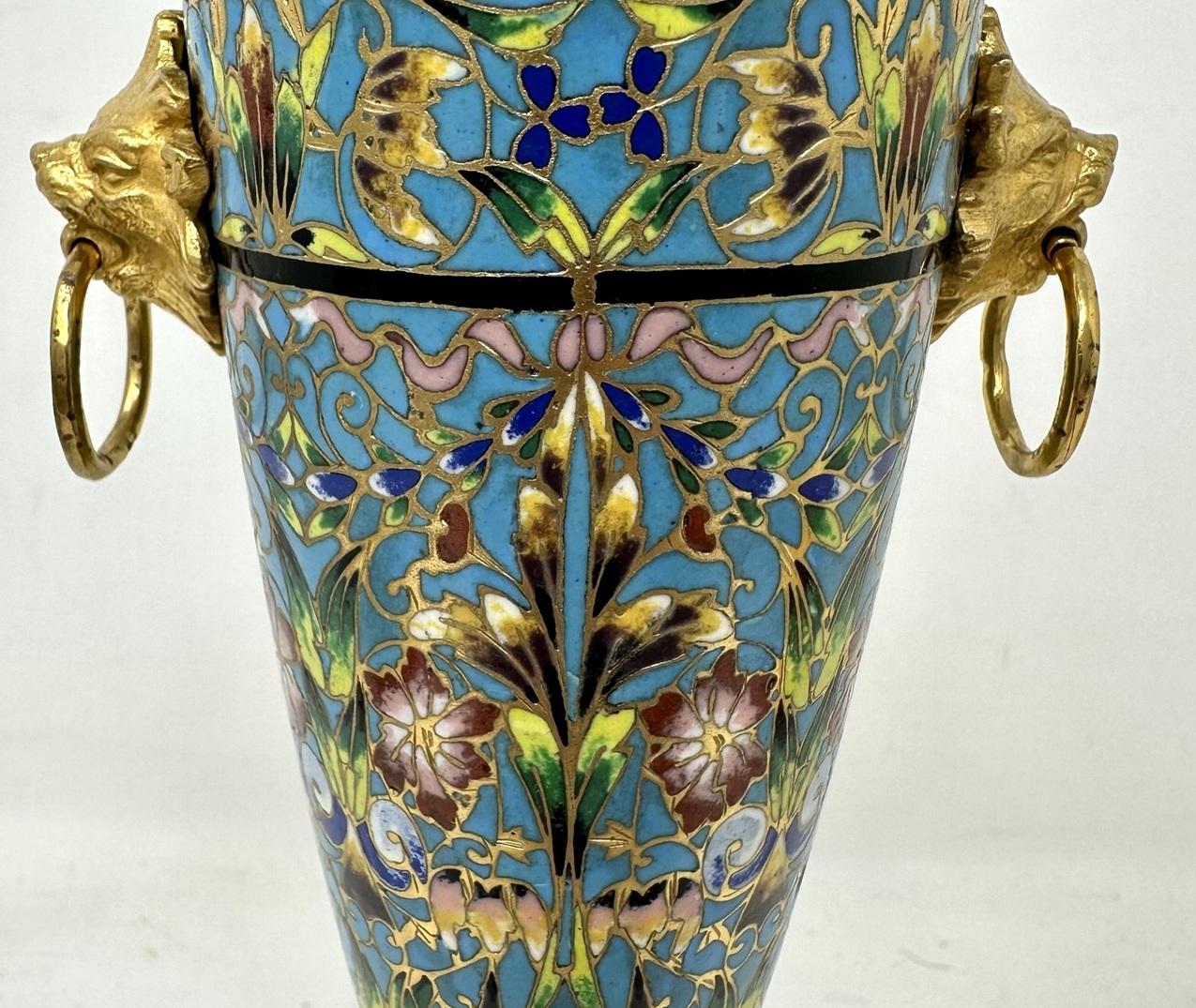 Antique Pair French Cloisonne Champlevé Enamelwork Ormolu Gilt Bronze Vase Urns  2