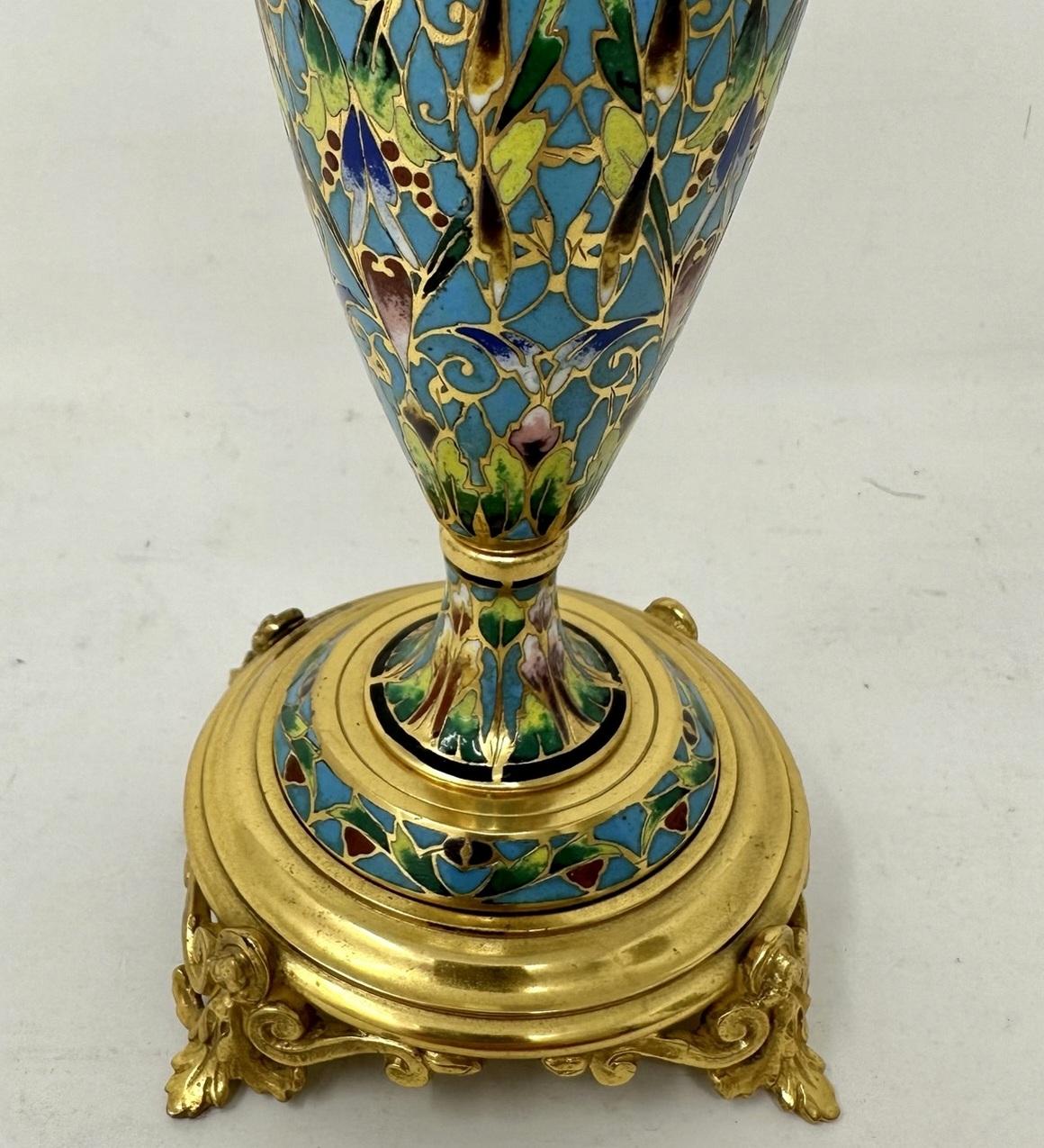 Antique Pair French Cloisonne Champlevé Enamelwork Ormolu Gilt Bronze Vase Urns  3