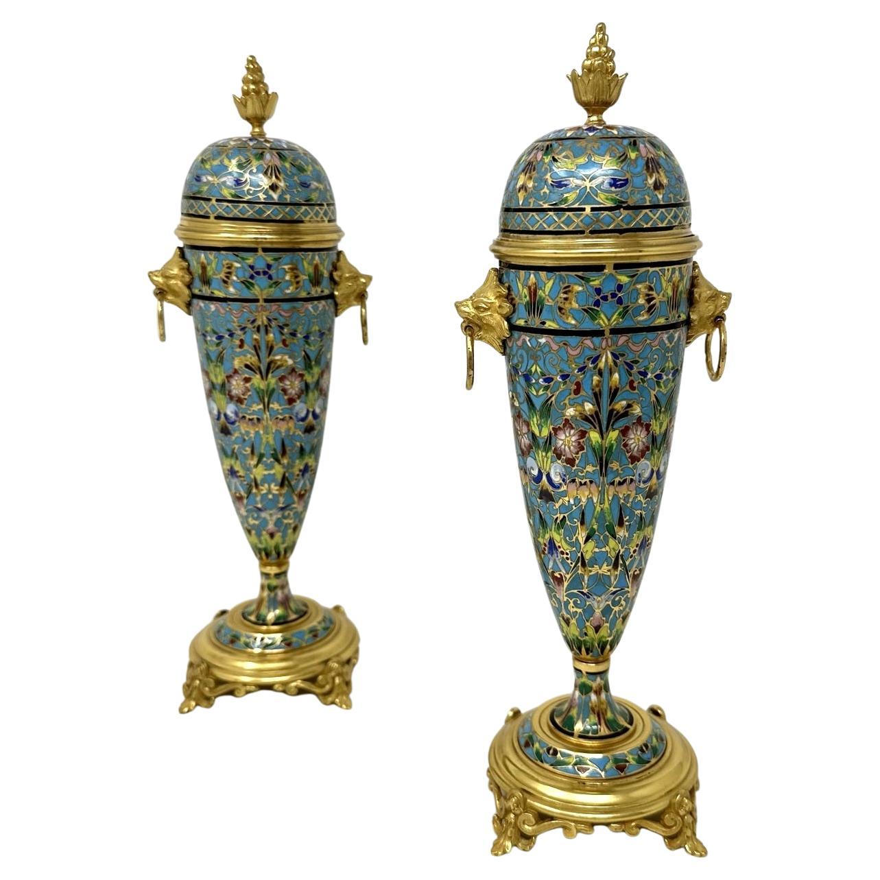 Antique Pair French Cloisonne Champlevé Enamelwork Ormolu Gilt Bronze Vase Urns 