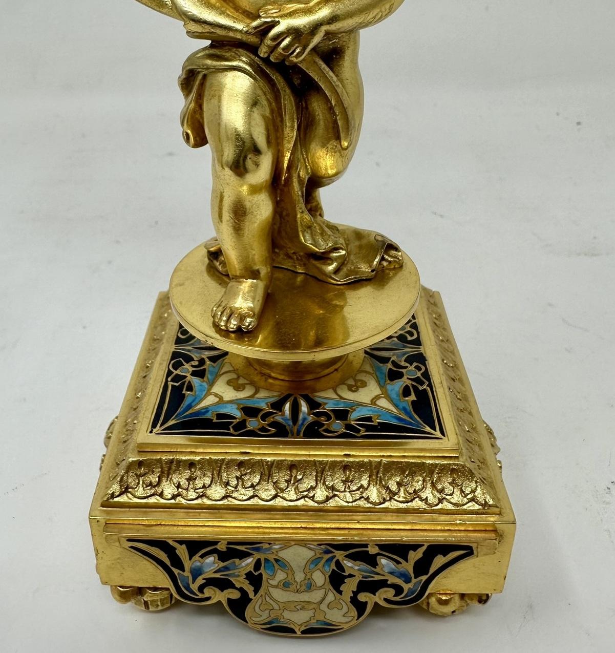 19th Century Antique Pair French Cloisonne Champlevé Ormolu Gilt Bronze Cherub Candelabra  For Sale