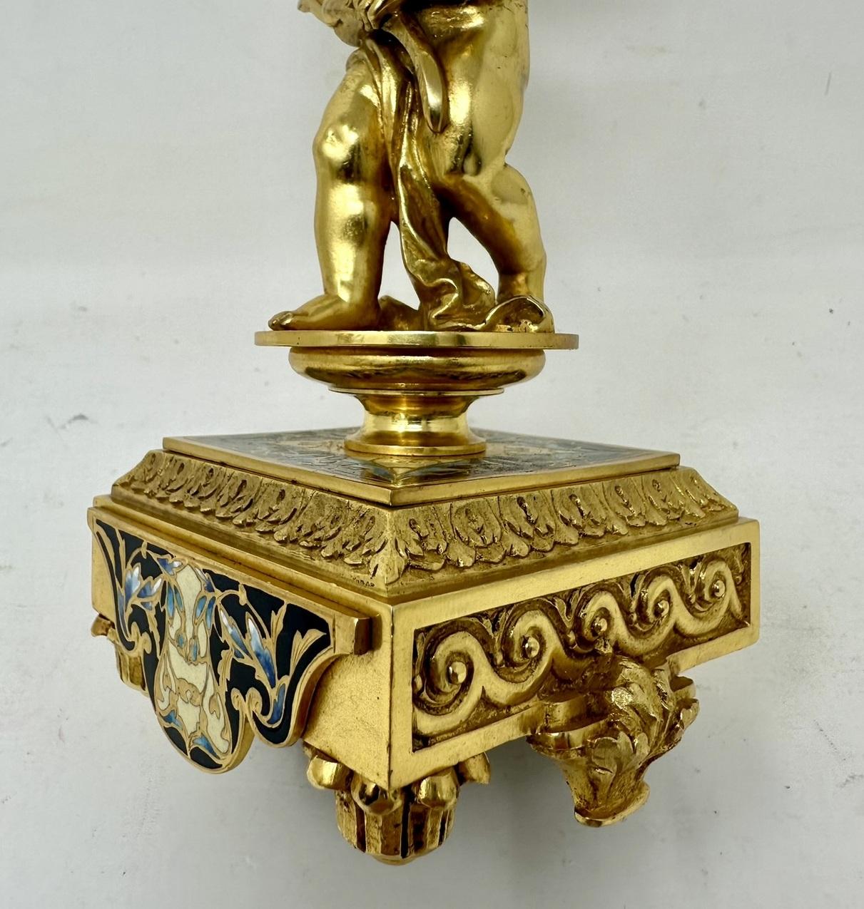 Antique Pair French Cloisonne Champlevé Ormolu Gilt Bronze Cherub Candelabra  For Sale 2