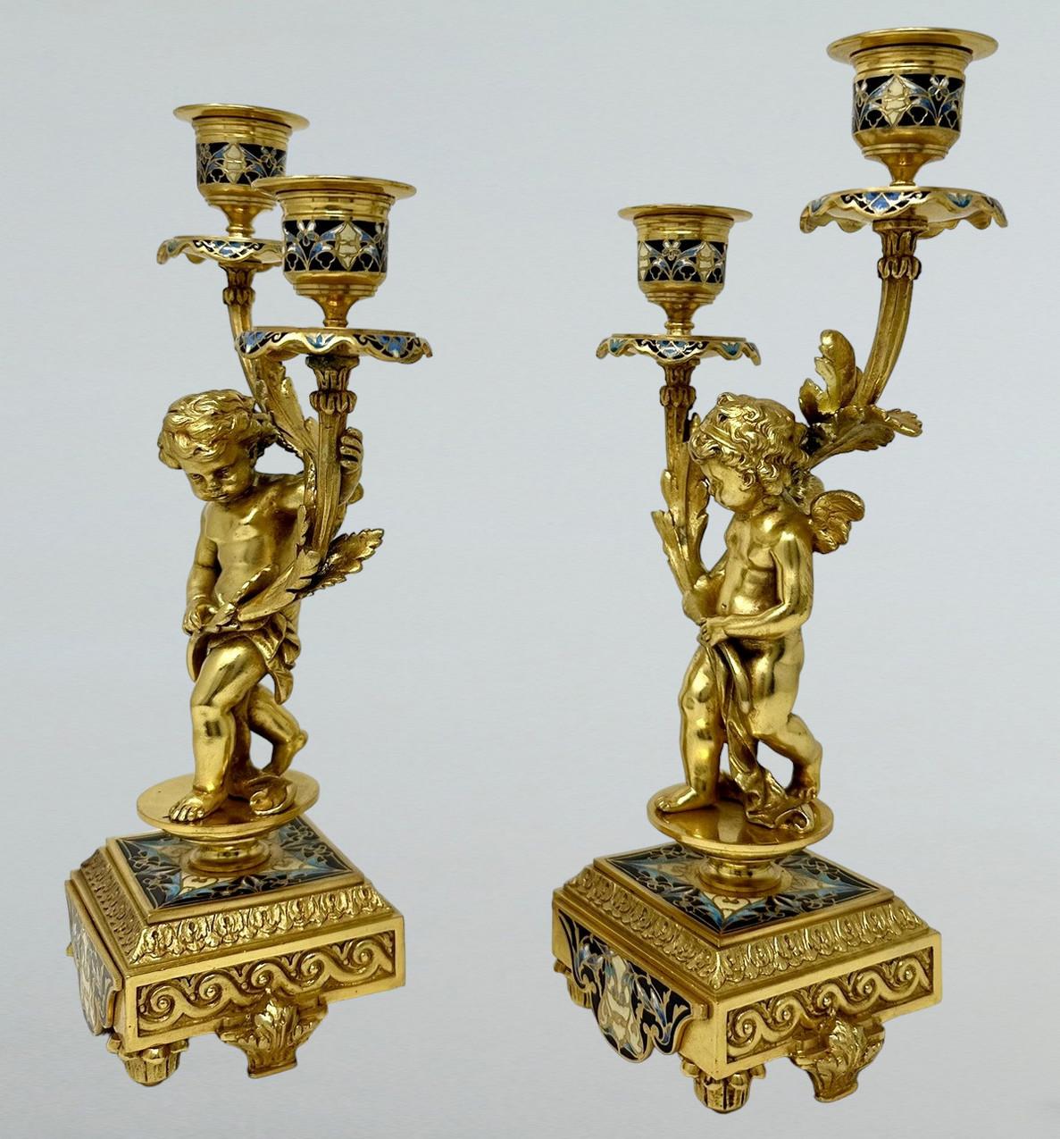 Antique Pair French Cloisonne Champlevé Ormolu Gilt Bronze Cherub Candelabra  For Sale 6