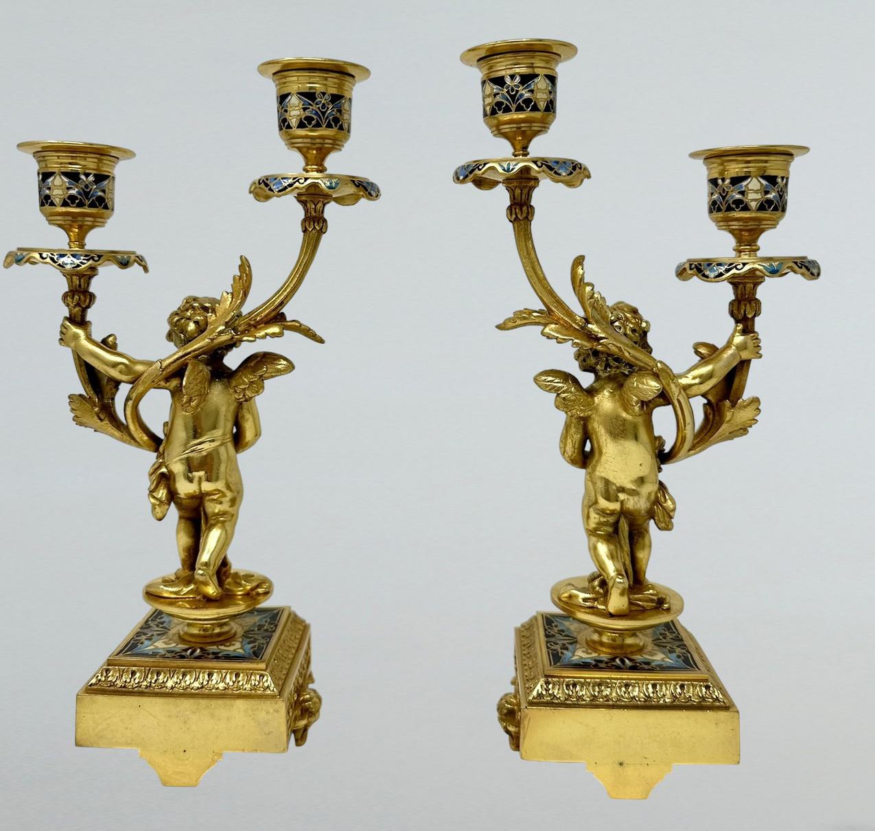 Antique Pair French Cloisonne Champlevé Ormolu Gilt Bronze Cherub Candelabra  For Sale 7