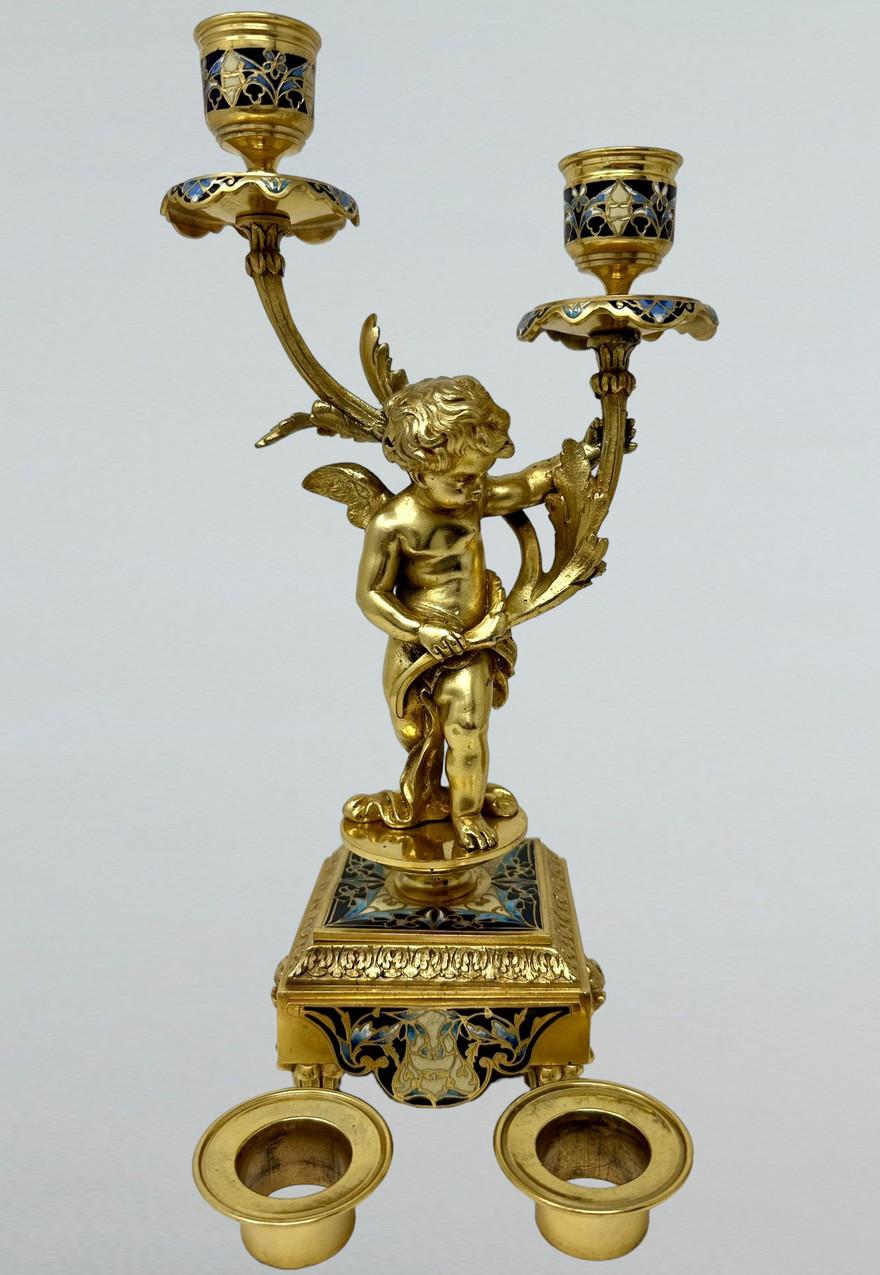 Antique Pair French Cloisonne Champlevé Ormolu Gilt Bronze Cherub Candelabra  For Sale 8