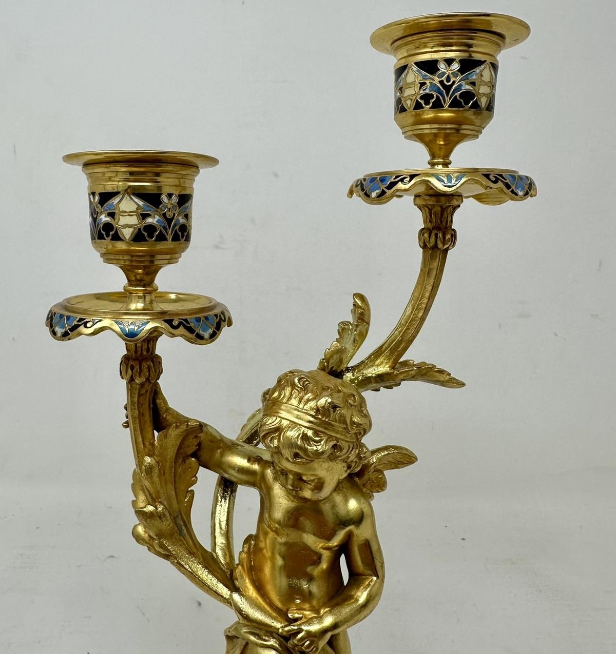 Cast Antique Pair French Cloisonne Champlevé Ormolu Gilt Bronze Cherub Candelabra  For Sale