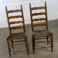 Antique Pair French Country Style Oak Ladderback Chairs Twisted Papercord Seats