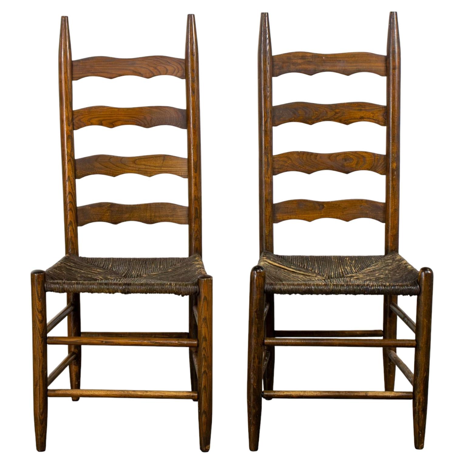 Antique Pair French Country Style Oak Ladderback Chairs Twisted Papercord Seats