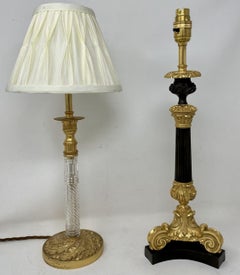 Antique Pair French Doré Bronze Empire Cut Crystal Ormolu Candlesticks Lamps