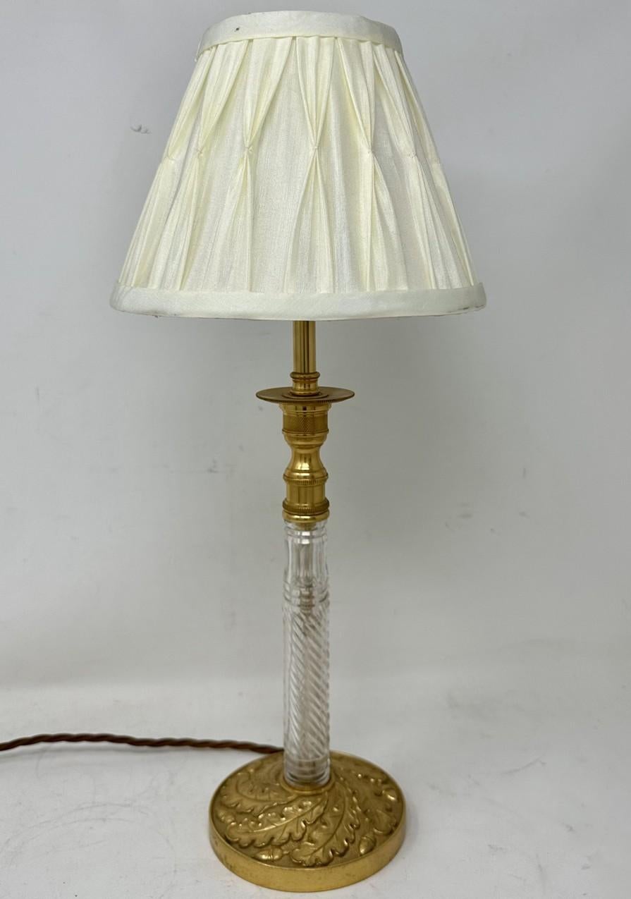 Victorian Antique Pair French Doré Bronze Empire Cut Crystal Ormolu Candlesticks Lamps