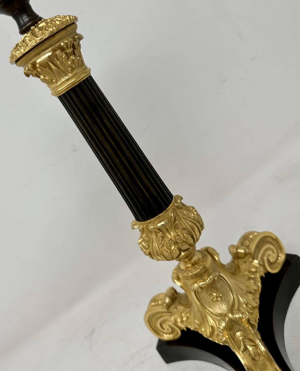 19th Century Antique Pair French Doré Bronze Empire Cut Crystal Ormolu Candlesticks Lamps