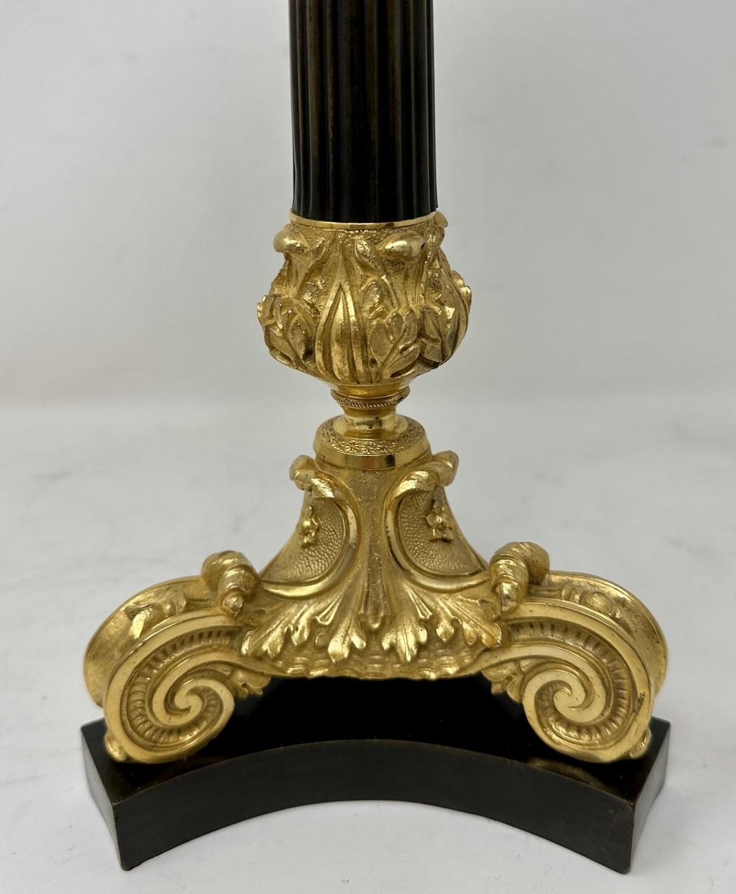 Antique Pair French Doré Bronze Empire Cut Crystal Ormolu Candlesticks Lamps  For Sale 2