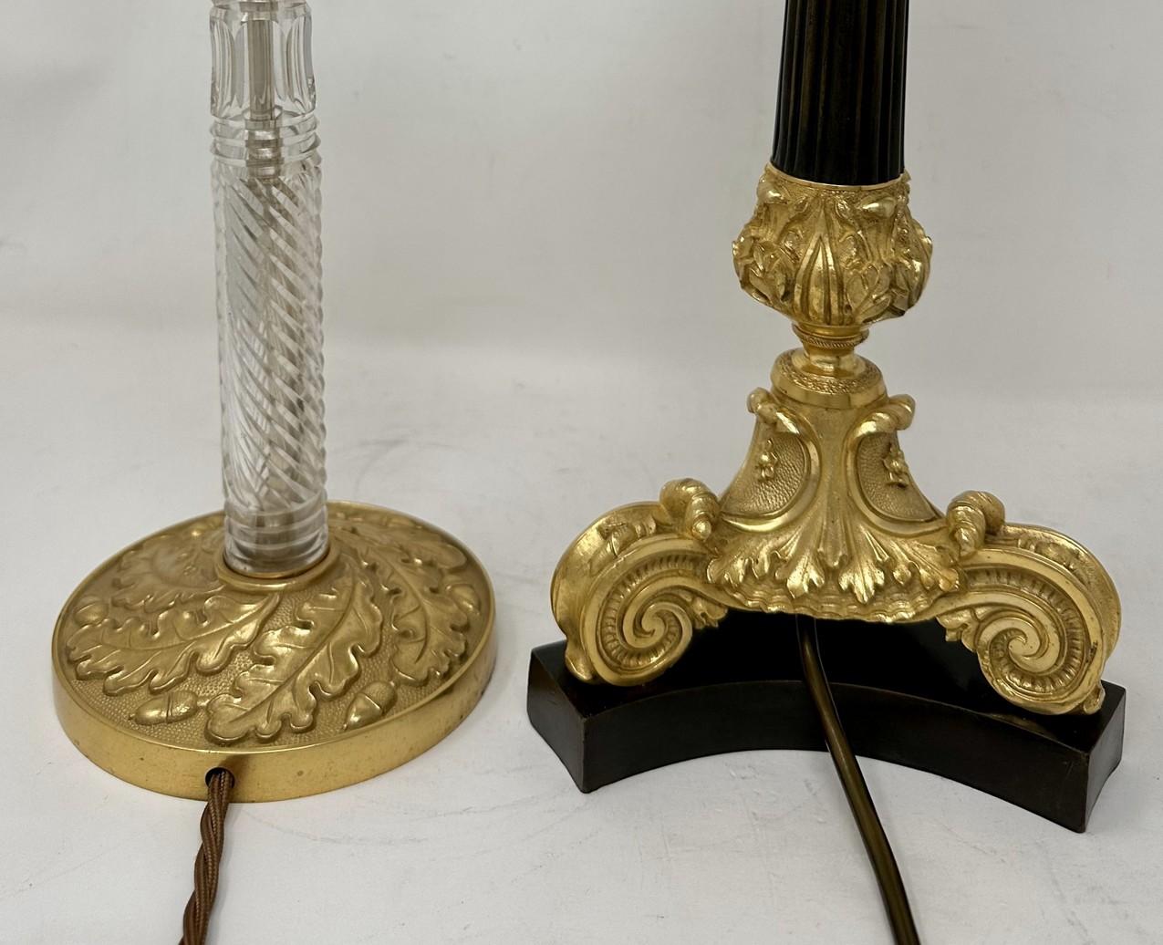 Antique Pair French Doré Bronze Empire Cut Crystal Ormolu Candlesticks Lamps  For Sale 3