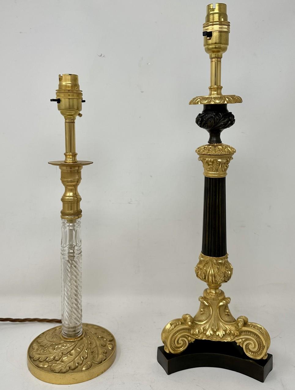 Antique Pair French Doré Bronze Empire Cut Crystal Ormolu Candlesticks Lamps  For Sale 4