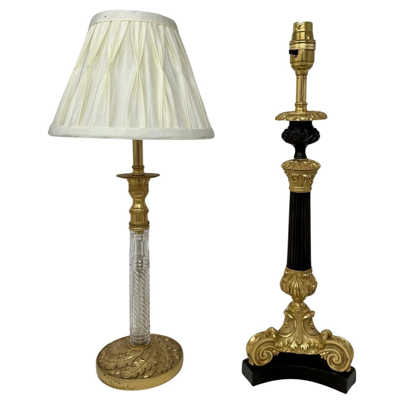 Antique Pair French Doré Bronze Empire Cut Crystal Ormolu Candlesticks Lamps  For Sale
