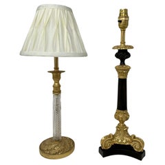 Antique Pair French Doré Bronze Empire Cut Crystal Ormolu Candlesticks Lamps
