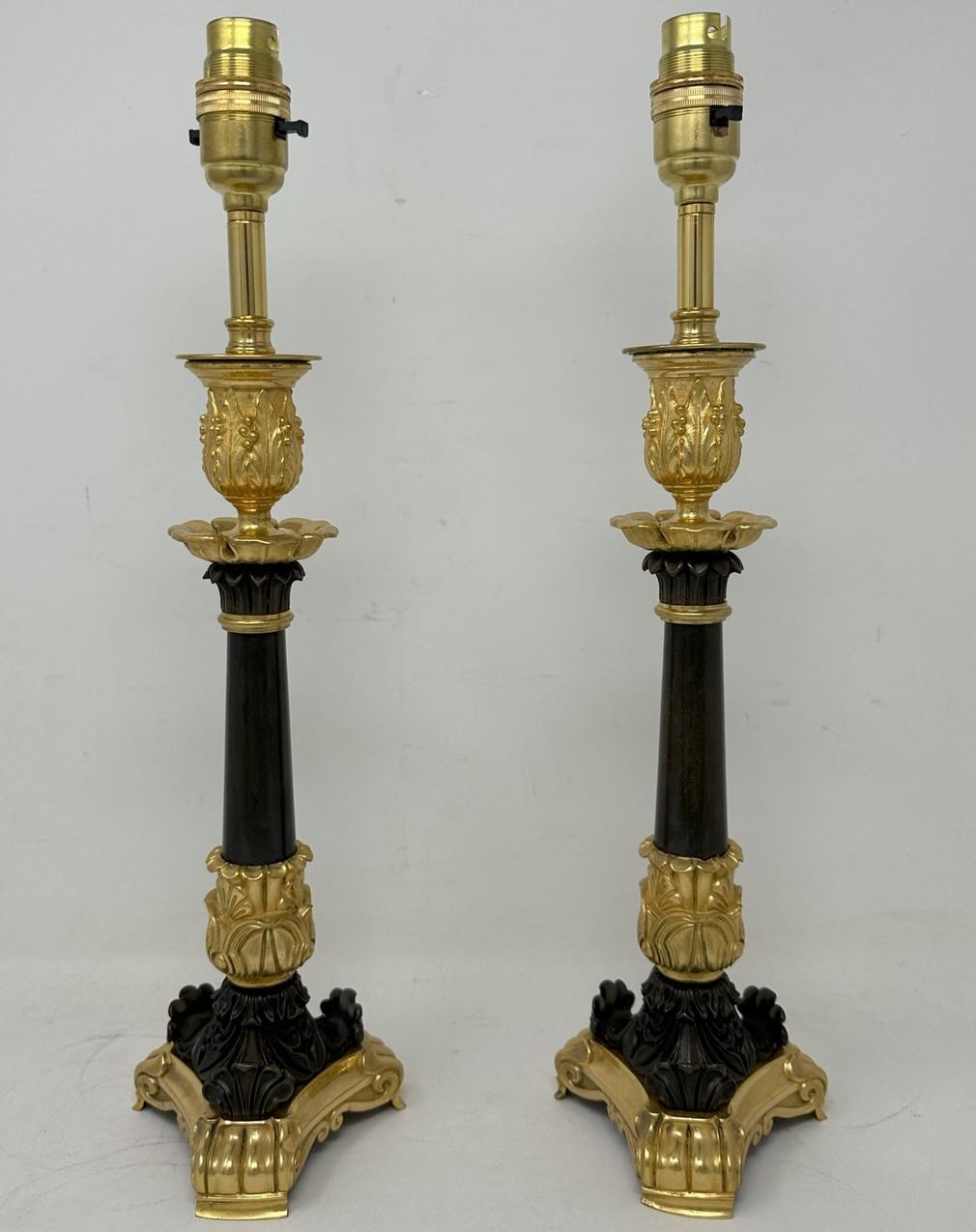 Victorian Antique Pair French Doré Bronze Empire Neoclassical Ormolu Candlesticks Lamps 
