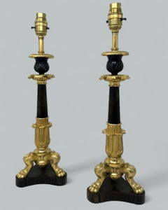 Antique Pair French Doré Bronze Neoclasical Ormolu Gilt Candlesticks Table Lamps