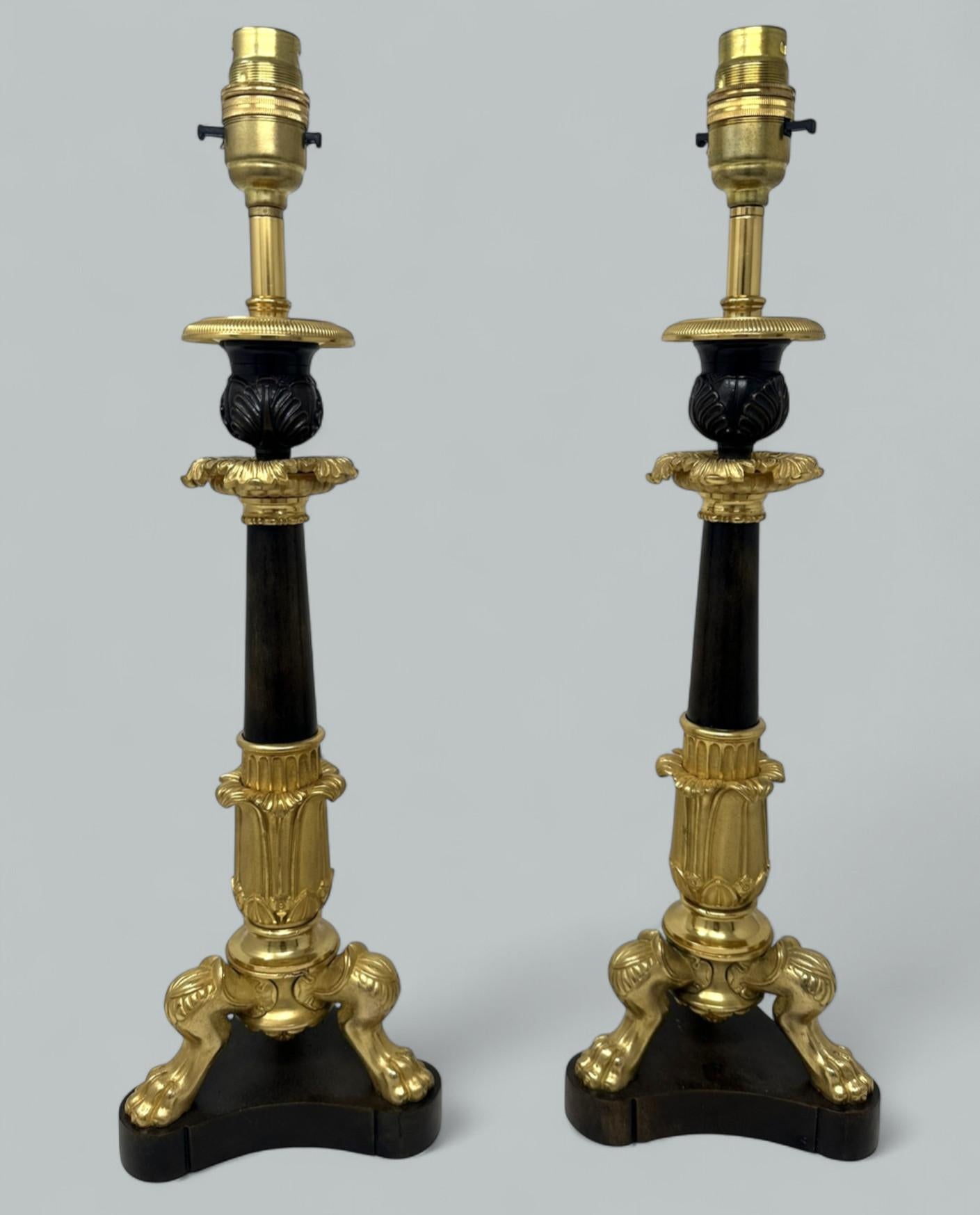 Early Victorian Antique Pair French Doré Bronze Neoclasical Ormolu Gilt Candlesticks Table Lamps For Sale