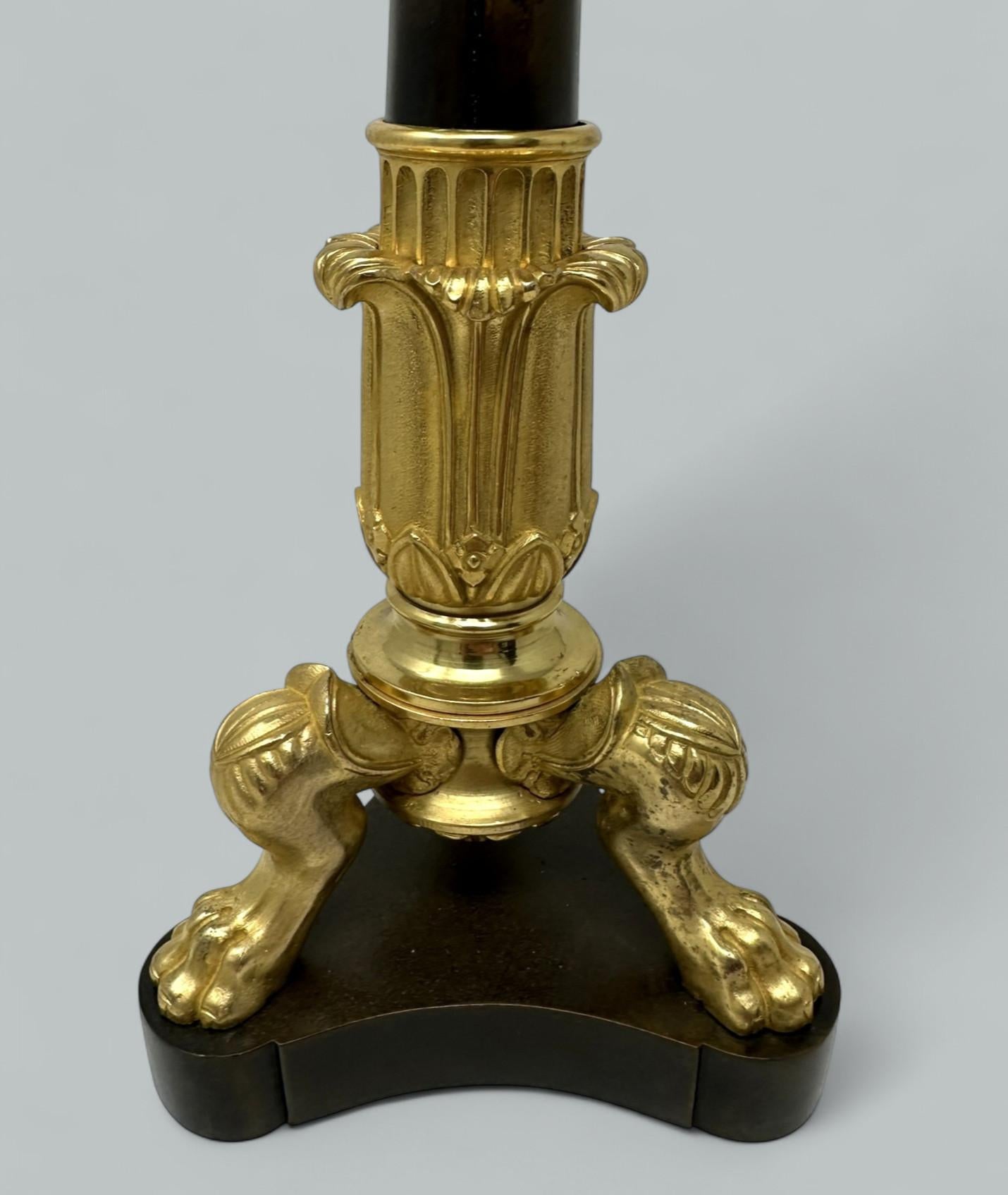 19th Century Antique Pair French Doré Bronze Neoclasical Ormolu Gilt Candlesticks Table Lamps For Sale