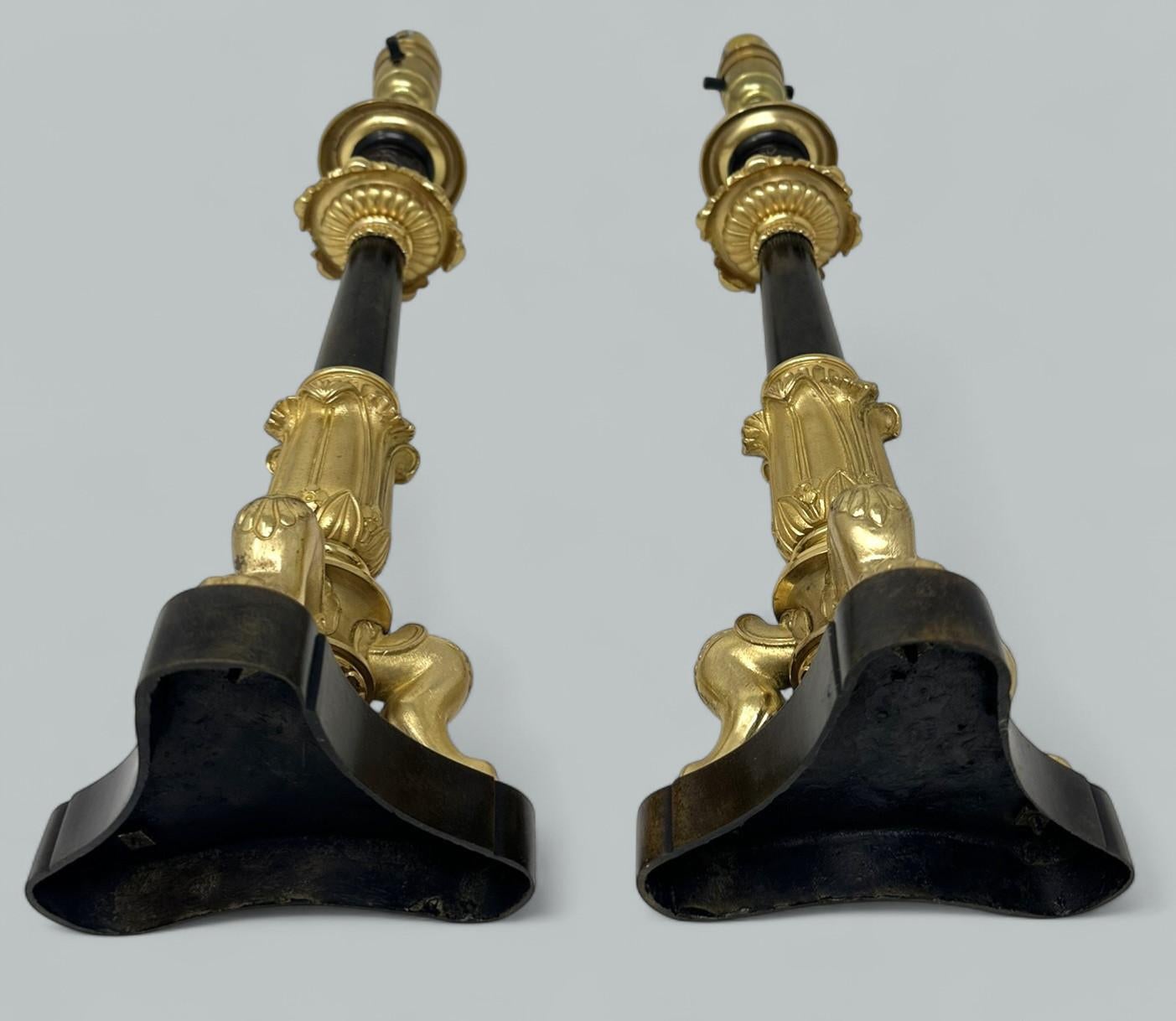 Antique Pair French Doré Bronze Neoclasical Ormolu Gilt Candlesticks Table Lamps For Sale 3