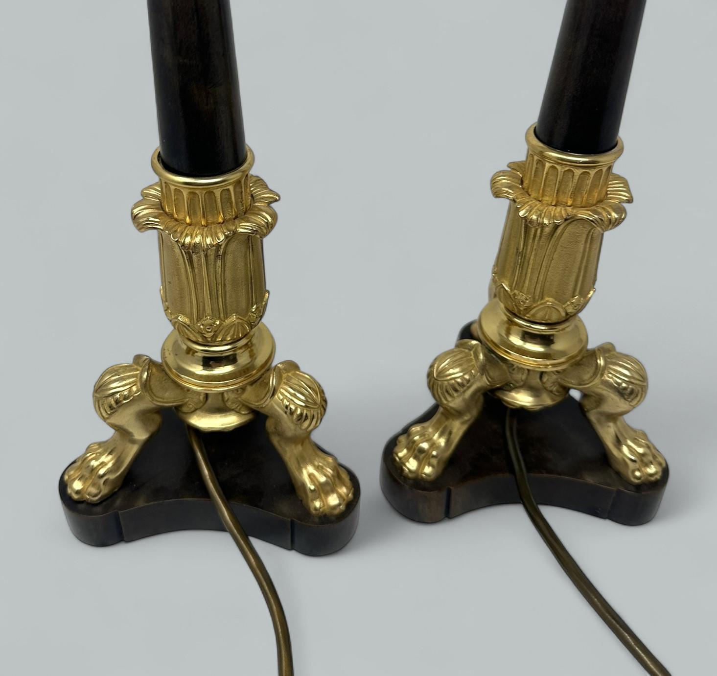 Antique Pair French Doré Bronze Neoclasical Ormolu Gilt Candlesticks Table Lamps For Sale 4