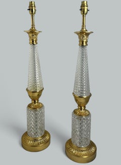 Antique French Pair Doré Bronze Neoclassical Ormolu Gilt Baccarat Crystal Lamps