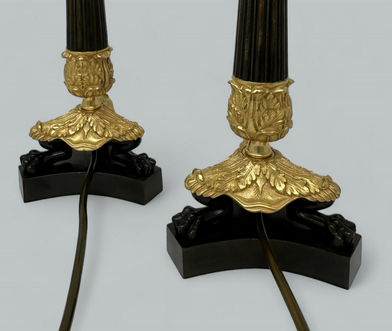 Antique Pair French Doré Bronze Neoclassical Ormolu Gilt Candlestick Table Lamps 5