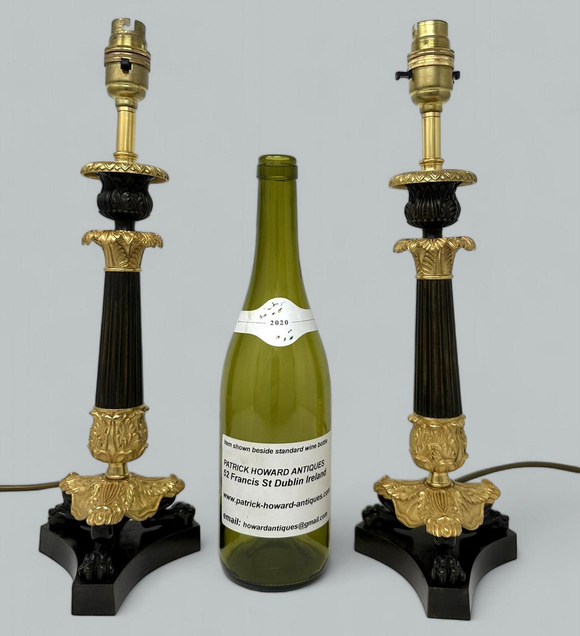 Antique Pair French Doré Bronze Neoclassical Ormolu Gilt Candlestick Table Lamps 6