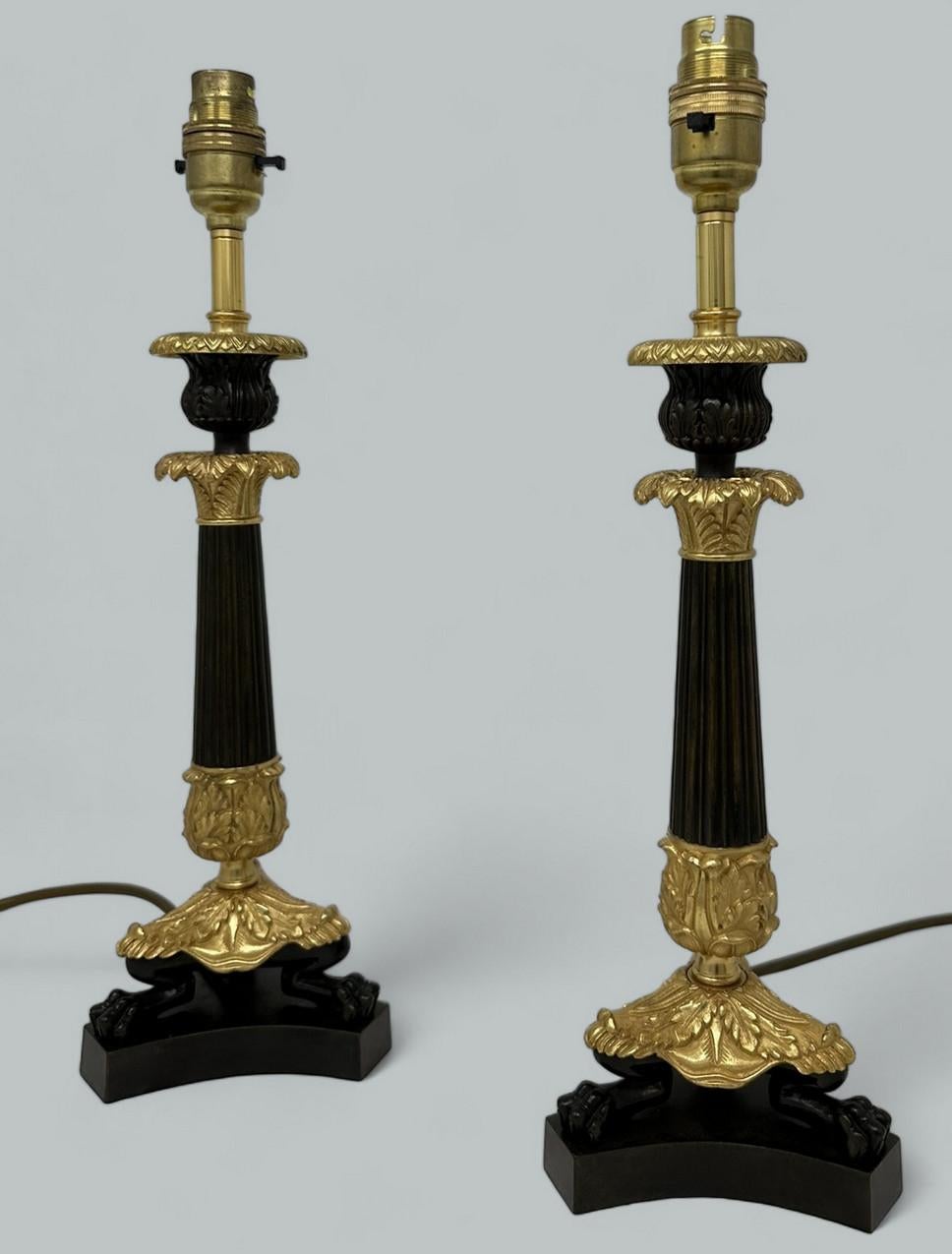 Early Victorian Antique Pair French Doré Bronze Neoclassical Ormolu Gilt Candlestick Table Lamps