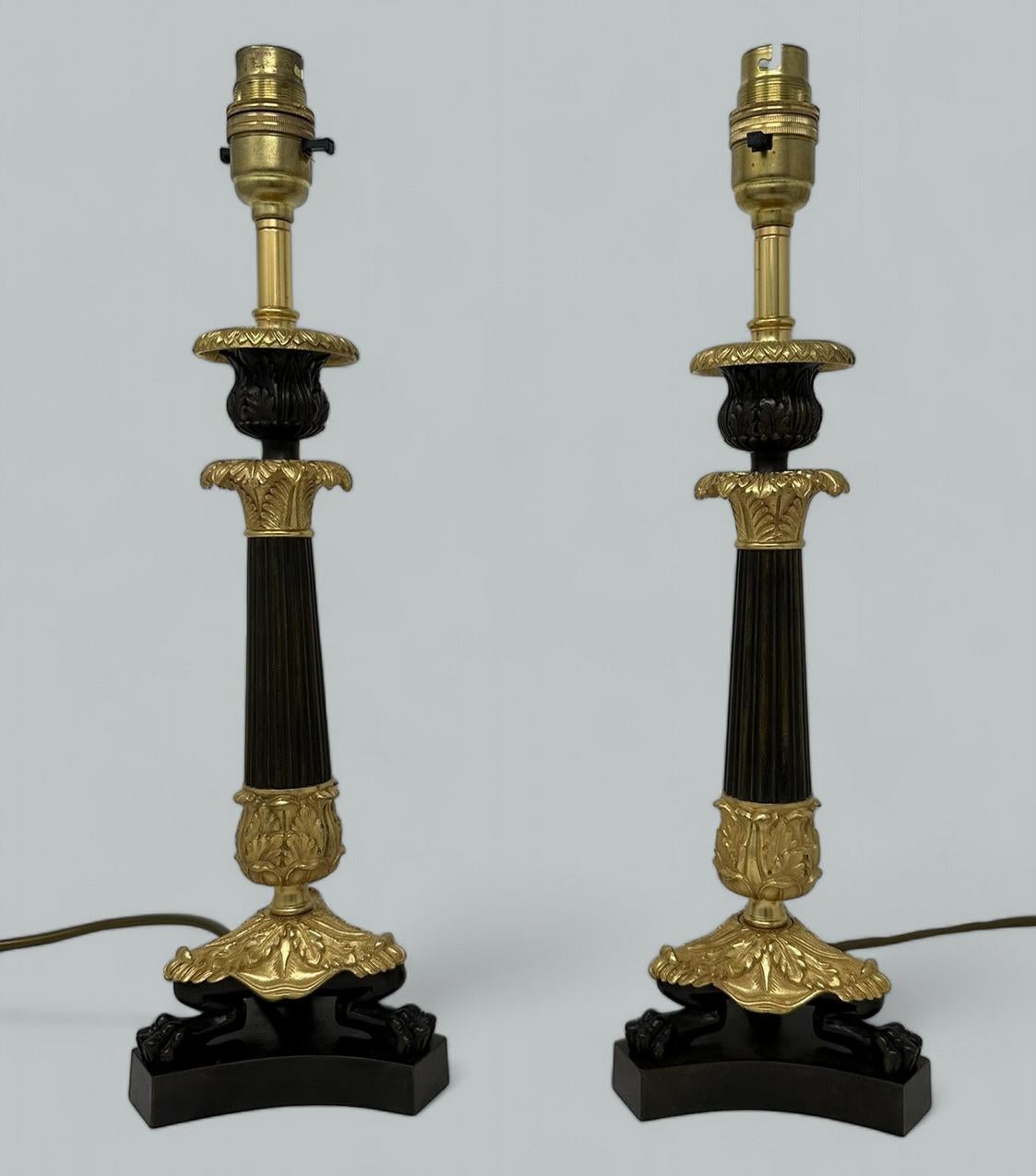 Antique Pair French Doré Bronze Neoclassical Ormolu Gilt Candlestick Table Lamps In Good Condition In Dublin, Ireland
