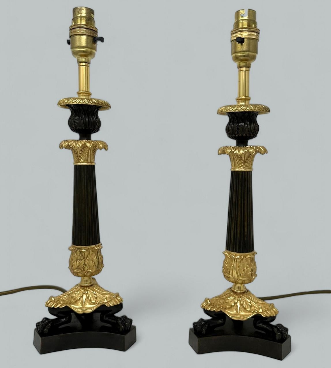 19th Century Antique Pair French Doré Bronze Neoclassical Ormolu Gilt Candlestick Table Lamps