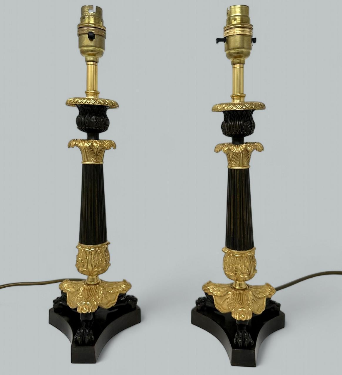 Antique Pair French Doré Bronze Neoclassical Ormolu Gilt Candlestick Table Lamps 1