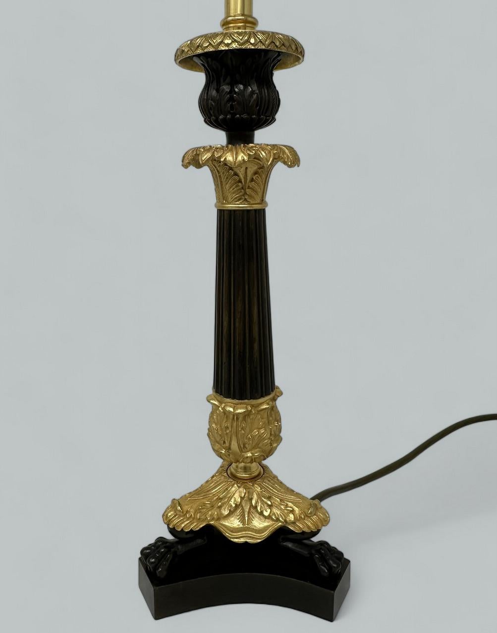 Antique Pair French Doré Bronze Neoclassical Ormolu Gilt Candlestick Table Lamps 2