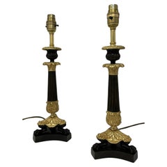Antique Pair French Doré Bronze Neoclassical Ormolu Gilt Candlestick Table Lamps