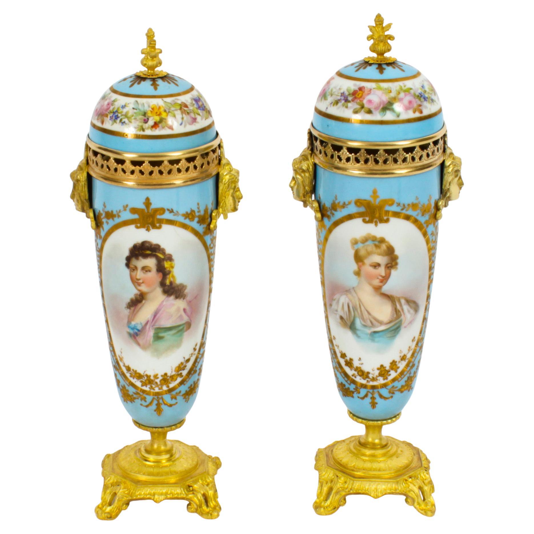 Antique Pair French Duck Egg Bleu Sevres Urns 19th C For Sale