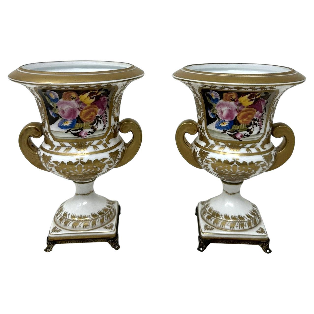 Antique Pair French Edwardian Campana Porcelain Urns Vases Still Life Flowers