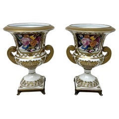 Antique Pair French Edwardian Campana Porcelain Urns Vases Still Life Flowers