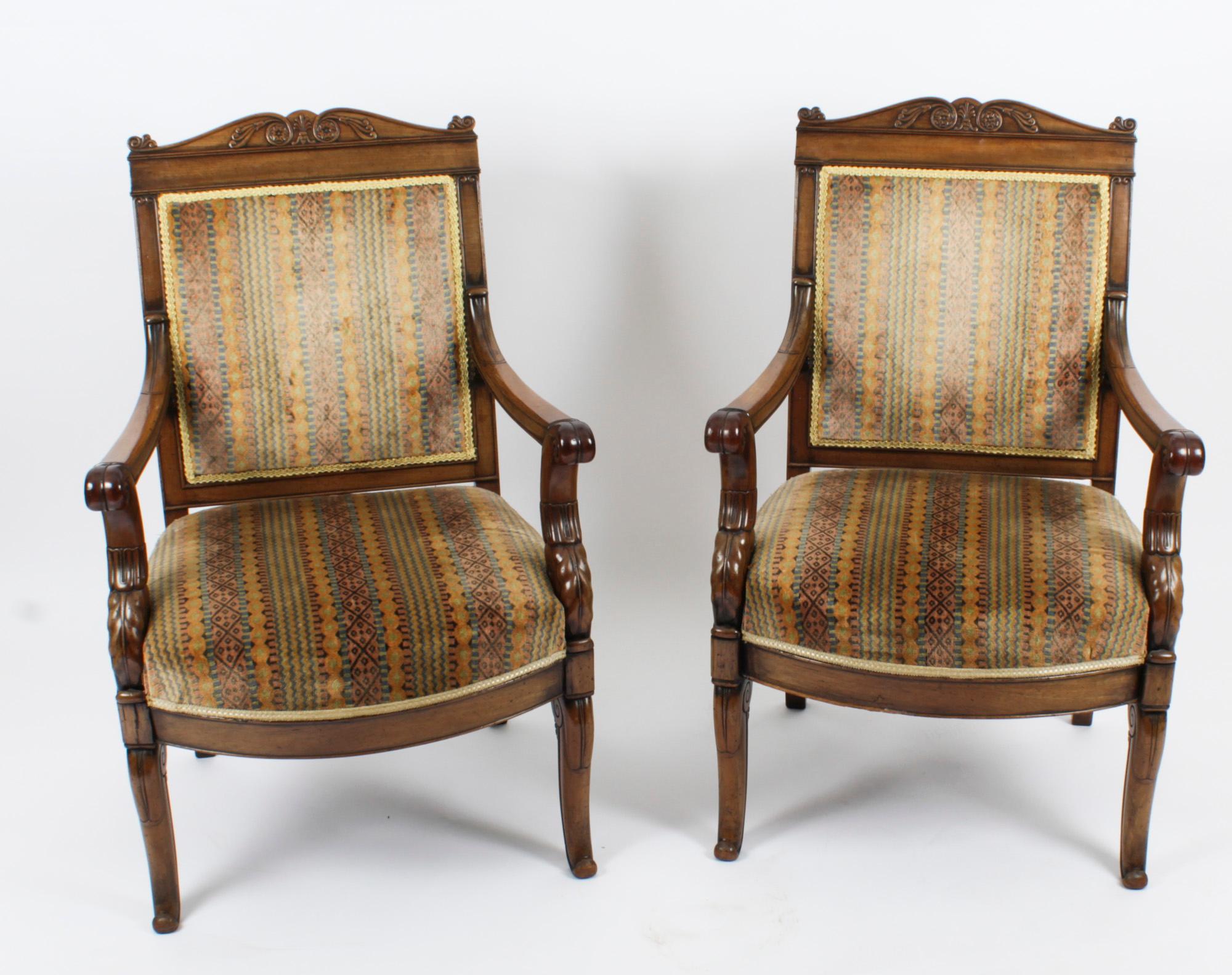 Antique Pair French Empire Armchair Fauteuils Chairs, 19th Century For Sale 10
