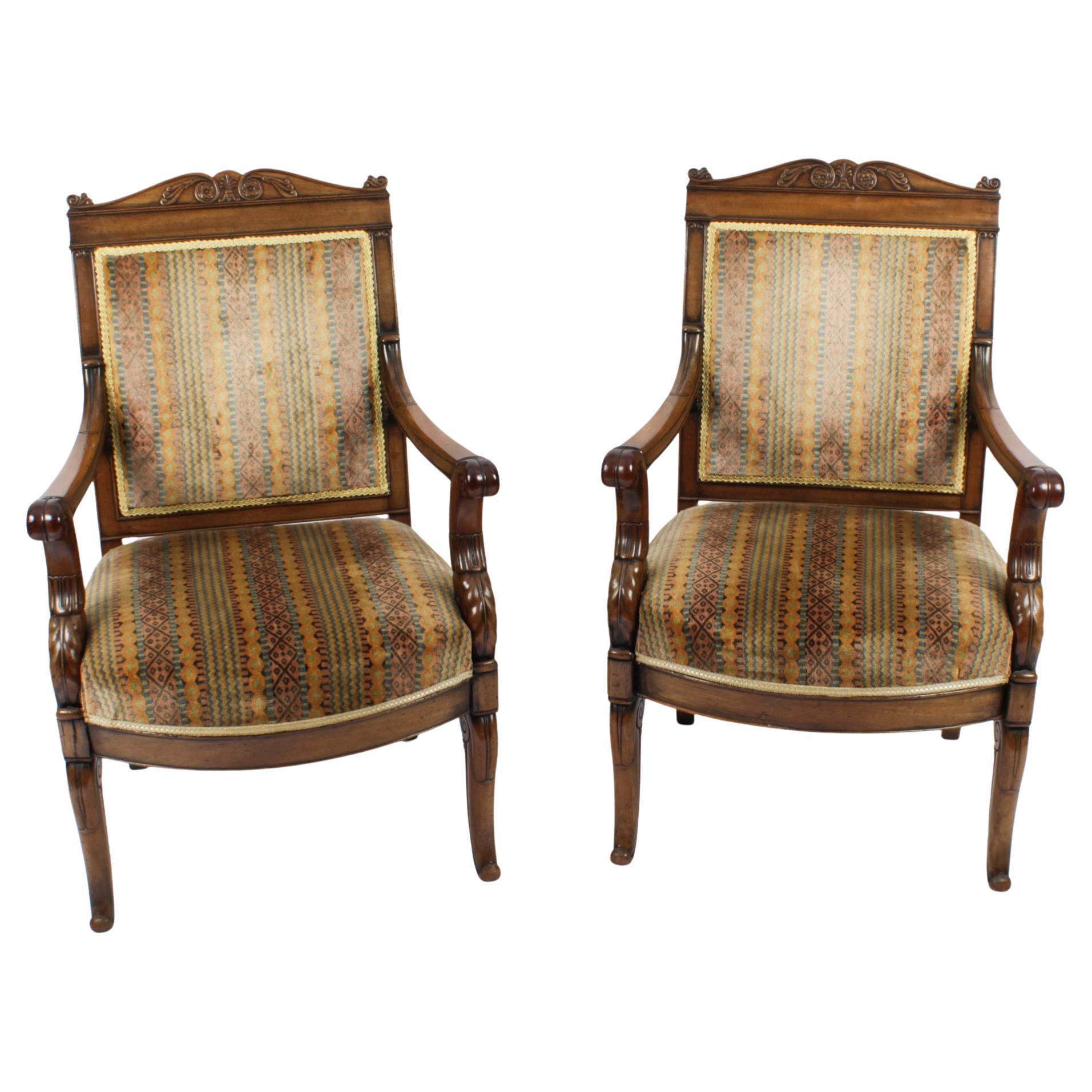 Antique Pair French Empire Armchair Fauteuils Chairs, 19th Century