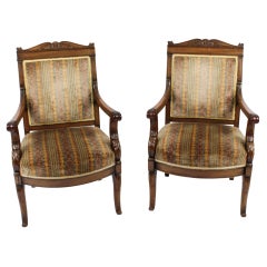 Vintage Pair French Empire Armchair Fauteuils Chairs, 19th Century