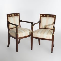 Antique Pair French Empire Mahogany Arm Chairs with Gilt Bronze Mounts, 19th C