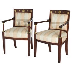 Antique Pair French Empire Mahogany Arm Chairs with Gilt Bronze Mounts, 19th C